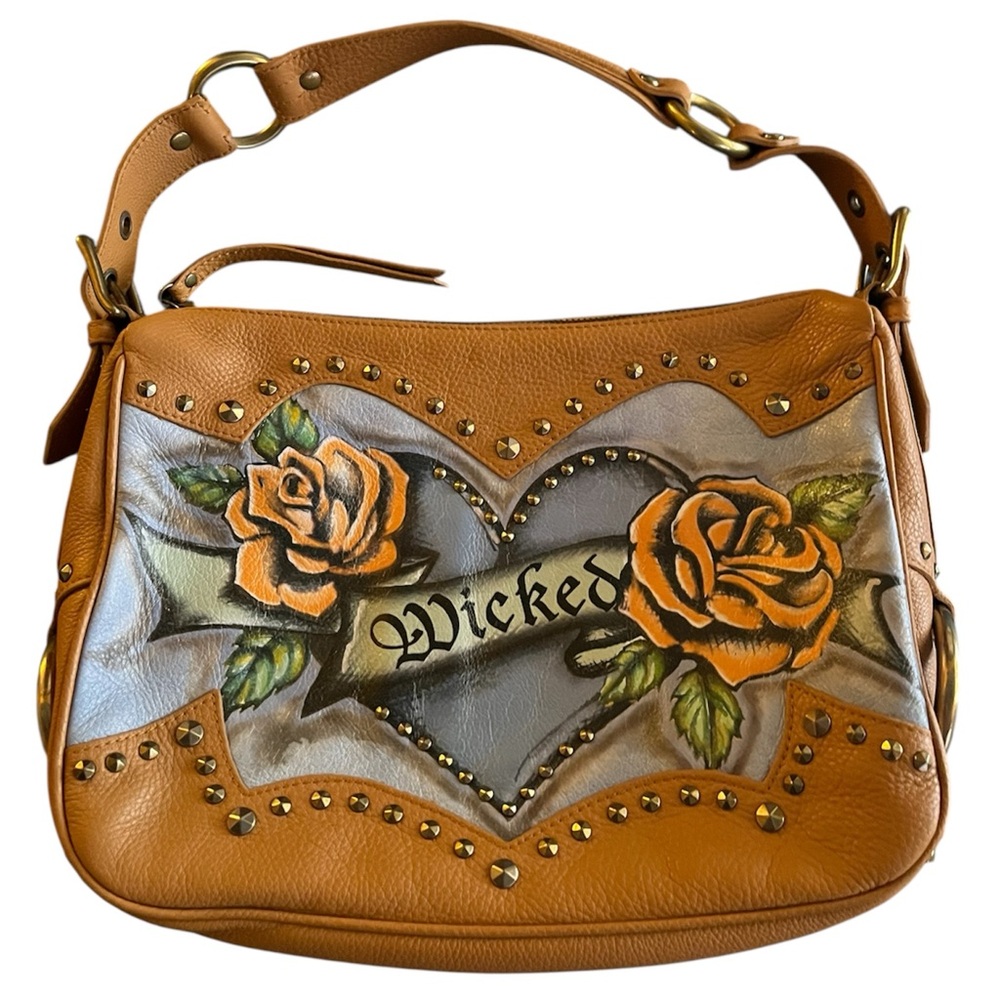 Isabella Fiore Wicked Tan Leather Shoulder Bag with Floral Design